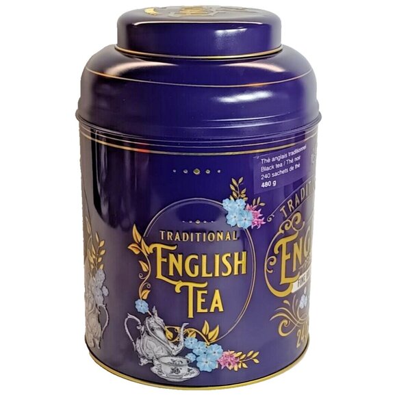 English Tea Tin Navy Blue Victorian Style Round Large Decorative Storage Empty - Picture 5 of 7